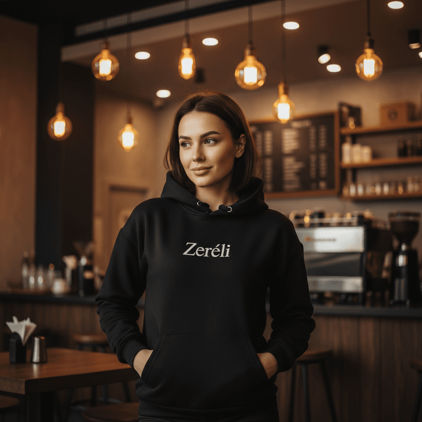 Customer wearing black 99thStreet hoodie in urban setting