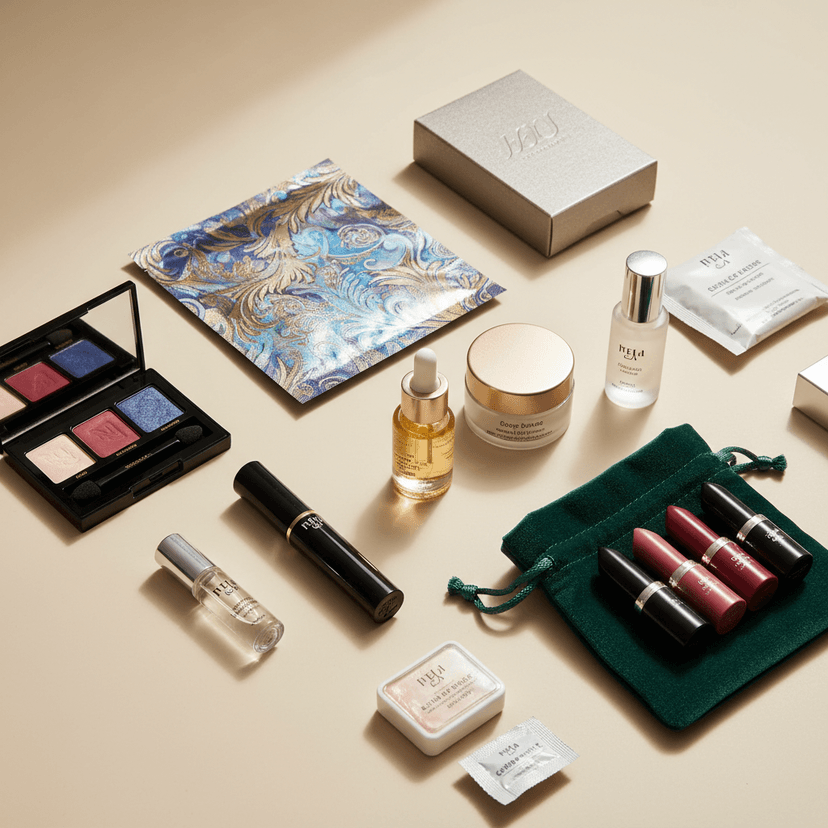 Flat lay of beige 99thStreet essentials on neutral background