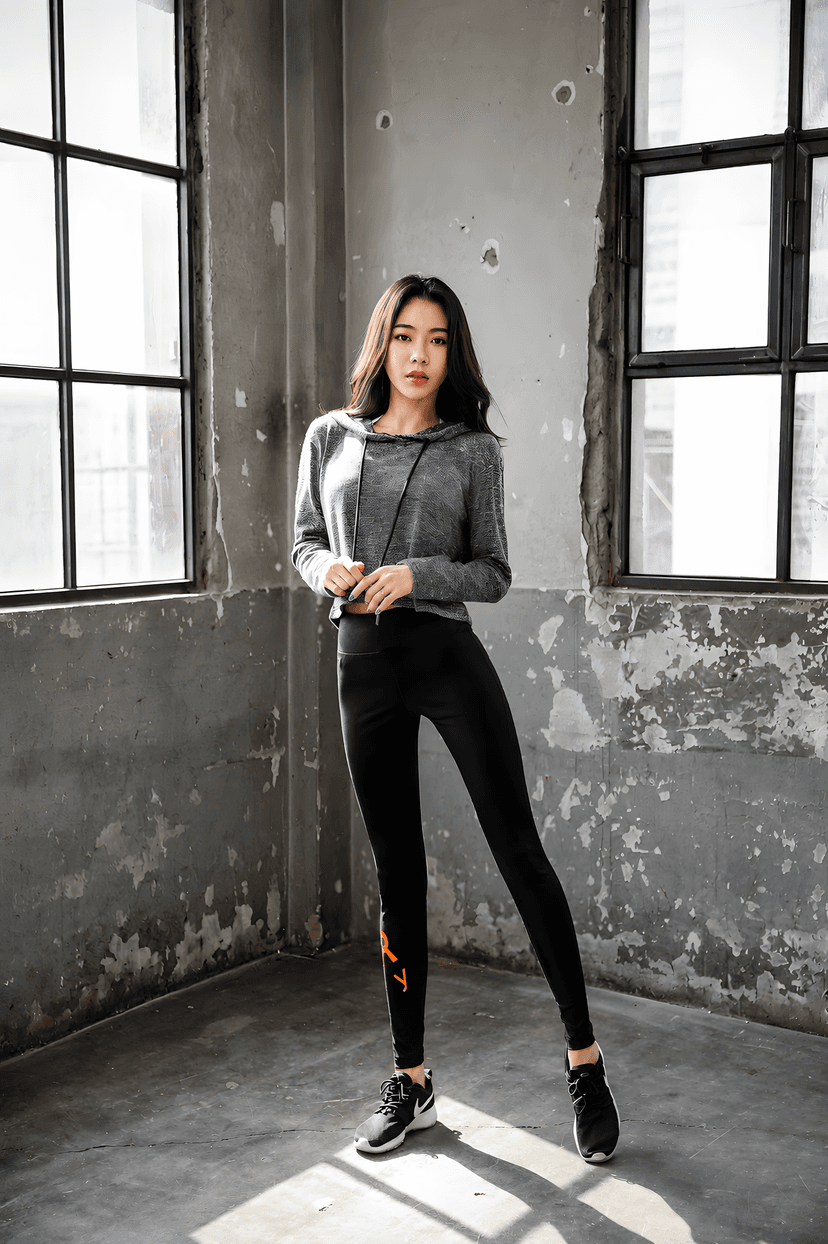 Model wearing minimal luxury black hoodie in neutral studio setting